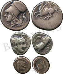 ANCIENT COINS. GREEK. Corinth (c.375-300 BC), Silver Stater (Ravel 1008), Tarentum, Silver Stater; Athens, Silver Drachm; Kolchis, Silver Hemidrachm; and others (6), minor silver and bronze coins. Fai