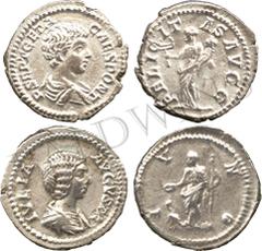 ANCIENT COINS. ROMAN. Septimius Severus (AD 193-211), Silver Denarius, Rome, AD 199-200, rev Victory (RIC 144b); Julia Domna, wife of Septimius Severus, Silver Denarius, Rome, AD 196-211, rev Juno (RI