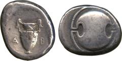 ANCIENT COINS. GREEK. Boeotia, Thebes (c.395-338 BC), Silver Stater, Boeotian shield, rev kantharos, [K]A – BI in field, 12.00g (BMC 150; SNG Cop 339). Slightly oval flan, lightly toned, nearly very f