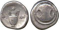 ANCIENT COINS. GREEK. Boeotia, Thebes, Silver Stater, Boeotian shield, rev amphora dividing letters ΦI and ΔO , grapes above, 11.66g (SNG Cop 352; BMC 165). Small scratch on amphora and porous, otherw
