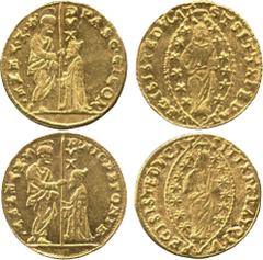 WORLD COINS. VENETIAN DUCATS AND ZECCHINI AND THEIR IMITATIONS. Nicolò da Ponte (1578-1585), Gold Zecchini, 3.49g; Pasquale Cicogna (1585-1595), Gold Zecchini, 3.47g (Paol 1; Gig 40, 41). Both about e
