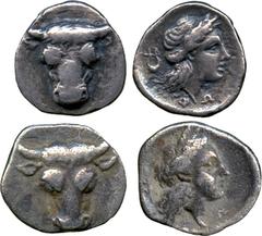 ANCIENT COINS. Greek Coins. ex British Museum Collection. Phokis, Federal Coinage (c.356-354 BC), Silver Triobol, bull’s head facing, rev head of Apollo, branch behind (Williams 303b (O.220/R.189), th