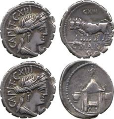 ANCIENT COINS. Roman Coins. Mint of Rome, unless otherwise stated. Q. Cassius Longinus (55 BC), Silver Denarius, veiled head of Vesta right, rev temple of Vesta containing curule chair, urn on left, t