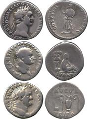 ANCIENT COINS. Roman Coins. Mint of Rome, unless otherwise stated. Vespasian (AD 69-79), Silver Denarii (2), IVDAEA , Judaea beside trophy (RIC 2), AVGVR / TRI POT , pontifical implements (RIC 43); Do