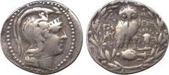 ANCIENT COINS. Attica, Athens (170/169 BC), Silver New-style Tetradrachm, helmeted head of Athena right, rev owl standing right, head facing, on amphora, KT on left, facing bust of Helios on right, 16