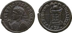 ANCIENT COINS. Crispus (Caesar, AD 317-326), AE Follis, mint of Treveri, AD 322-323, IVL CRISPVS NOB CAES , laureate and cuirassed bust left, holding spear and shield, rev BEATA TRANQVILLITAS , globe 