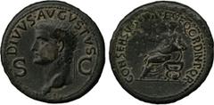 ANCIENT COINS. Roman. Divus Augustus (d. AD 14), AE Dupondius, struck under Caligula, AD 37-41, DIVVS AVGVSTVS, S-C , radiate head of Augustus left, rev CONSENSV SENAT ET EQ ORDIN P Q R , Augustus (or