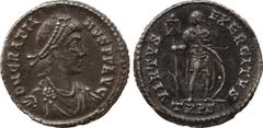 ANCIENT COINS. Roman. Gratian (AD 367-383), Silver Light Miliarense, mint of Treveri, AD 375-83, D N GRATIA-NVS P F AVG , pearl-diademed, draped and cuirassed bust right, rev VIRTVS – EXERCITVS , Empe