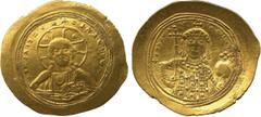 ANCIENT COINS. Byzantine. Constantine IX Monomachus (AD 1042-1055), Gold Histamenon, + IhS XIS REX REGNANTInM , bust of Christ facing, raising hand in benediction and holding book of Gospels, rev +CWn