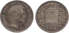 FOREIGN COINS. Greece. Otho, ¼-Drachmai, 1846/5, Athens mint (KM 18, overdate not recorded). Die crack behind hair to border, otherwise very fine or better and is only the second best the cataloguer h