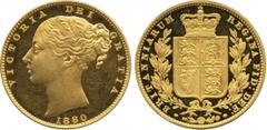 G BRITISH COINS The Bentley Collection of British Milled Gold Sovereigns The Extremely Rare Proof 1880 Sovereign with Shield Reverse, Plain Edge Victoria, Pattern Sovereign, 1880, engraved after Willi