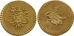 ISLAMIC COINS. Ottoman. Ahmad III b. Muhammad IV (1115-1143h), Gold Funduq/Zinjirli Altun, Islambul 1115h, mim dal, 3.47g (Pere 499). Extremely fine. This coin and the ones following are examples of t