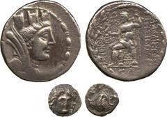 ANCIENT COINS. GREEK. Carian Islands, Rhodes (c.304-275 BC), Silver Hemidrachm, head of Helios facing, inclined slightly to right , rev rose, 1.39g; Syria, Laodikeia ad Mare (1st Century BC), Silver T