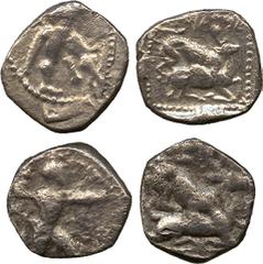 ANCIENT COINS. GREEK. Cyprus, Kition, Baalmelek II, Silver Diobols (2), Herakles, wearing lion’s skin, advancing right, holding bow and club , rev lion bringing down a stag right, all within a dotted 