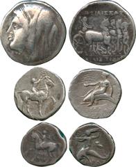 ANCIENT COINS. Greek. Calabria, Tarentum (3rd Century BC), Silver Staters (2), horseman , rev Taras riding dolphin; Sicily, Syracuse, Hieron II (275-215 BC), Silver 16 Litrai, head of Philistis left, 