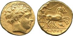 ANCIENT COINS. Greek. Kingdom of Macedon, Philip II (359-336 BC), Gold Stater, mint of Amphipolis, struck c.340-328 BC, laureate head of Apollo right , rev ΦIΛIΠΠOY , charioteer driving a galloping bi