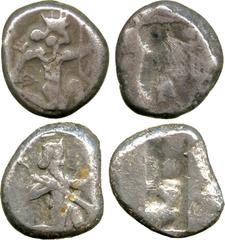 ANCIENT COINS. Greek. Persia, Achaemenid Empire, Time of Ataxerxes I to Xerxes II (c.455-420 BC), Silver Siglos, Persian King in kneeling-running stance right, holding a dagger and bow , rev uneven re