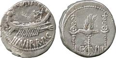 ANCIENT COINS. ROMAN. Mint of Rome unless otherwise stated. Mark Antony, Silver Denarius, Patrae (?), 32-31 BC, ANT AVG / III VIR R P C (N retrograde), ship right, a sceptre tied with fillet on prow ,
