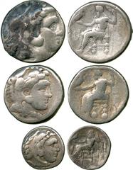 ANCIENT COINS. GREEK. Kingdom of Macedon, Alexander III, The Great (336- 323 BC), Silver Tetradrachms (2), head of Herakles right, rev Zeus enthroned left; Silver Drachm, similar types. Fine to good f