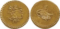 ISLAMIC COINS. Ottoman. Ahmad III, Gold Funduq/Zinjirli Altun, Islambul 1115h, mim dal, 3.47g (Pere 499). Extremely fine. This coin is an example of the successful monetary reform introduced by Ahmad 