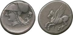 ANCIENT COINS. Corinth (c.375-300 BC), Silver Stater, Pegasos flying left , rev head of Athena left, wearing Corinthian helmet, A below chin, astragalos behind, 8.51g, 3h (Calciati, Pegasi 400). Attra