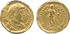 ANCIENT COINS. Valentinian I, Gold Solidus, mint of Antioch, AD 364-367, rosette-diademed, draped and cuirassed bust right , rev RESTITVTOR REI PVBLICAE , emperor standing facing, head right, holding 