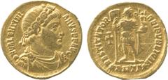 ANCIENT COINS. Valentinian I, Gold Solidus, mint of Antioch, AD 364-367, rosette-diademed, draped and cuirassed bust right , rev RESTITVTOR REI PVBLICAE , emperor standing facing, head right, holding 
