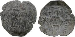 ANCIENT COINS. Byzantine, Andronicus II, Æ Trachy, Thessalonika, St Demetrius standing, rev emperor standing, holding globus cruciger and sceptre, large stars in field, 1.40g (DOC V, 812; S 2373). Ver