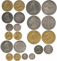 BRITISH COINS Vict o ria (1837-1901), Reformed 1887 Set of Golden Jubilee Currency Coins, Gold Five Pounds, Two Pounds, Sovereign and Half-Sovereign, Silver Crown, Double-Florin, Arabic 1, Halfcrown, 
