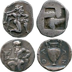 ANCIENT COINS, GREEK, Thracian Islands, Thasos (c.500-480 BC), Silver Diobol, Satyr running right , rev quadripartite incuse square, 1.11g (Le Rider, Thasiennes 4; SNG Copenhagen 191ff); Thasos (c.412