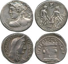 ANCIENT COINS, ROMAN, Mint of Rome unless otherwise stated, L. Caesius (112/111 BC), Silver Denarius, bust of Apollo facing left, seen from behind, holding a thunderbolt , rev Lares Praetites seated f