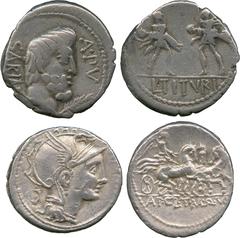 ANCIENT COINS, ROMAN, Mint of Rome unless otherwise stated, Appius Claudius Pulcher, T. Mallius (or Maloleius), and Q. Urbinius (111/110 BC), Silver Denarius, helmeted head of Roma facing right, quadr