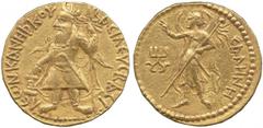 INDIAN COINS, ANCIENT INDIA Kushan Empire, Kanishka I (c.127-152 AD), Gold Dinar, caped and crowned Kanishka standing facing, head left, holding ankus over a small altar left, and sceptre right, BACI 