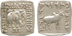 ANCIENT COINS, GREEK, Indo-Greek Kingdom, Apollodotos I (c.174-165 BC), Silver Drachm, elephant walking right, monogram below, rev bull walking right, 2.42g, 12h (SNG ANS 328ff). Very fine . £100-150