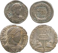 ANCIENT COINS, ROMAN, Constantius II (AD 337-361), Silver Miliarense, 4.04g, Trier, AD 347-348, diademed, draped and cuirassed bust right, rev GAVDIVM ROMANORVM , captives below standard (RIC 153), sl