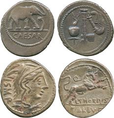 ANCIENT COINS, ROMAN, Julius Caesar, Silver Denarius, Italy, 49 BC, elephant right, trampling dragon, CAESAR in exergue, rev pontifical emblems (Cr 443/1; RCV 1399); L. Thorius Balbus (105 BC), Silver