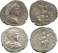 ANCIENT COINS, ROMAN, Caracalla (AD 198-217), Silver Denarius, laureate and draped bust right, rev trophy, flanked by two captives (RIC 54b); Geta (AD 209-212), Silver Denarius, draped bust right, rev