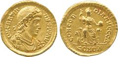 ANCIENT COINS, ROMAN, Gratian (AD 367-383), Gold Solidus, Constantinople, AD 378-383, D N GRATIANVS P F AVG , rosette-diademed, draped and cuirassed bust facing right, rev CONCORDIA AVGGG Δ , Constant