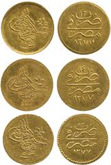 G Islamic Coins, Ottoman Empire, Abdulaziz, Gold 5-Qirsh, Misr 1277h, Year 12, 10-Qirsh (2), Misr 1277h, Years 12, 14 (KM 255, 259). Generally extremely fine. (3) £120-150