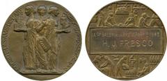 ISLAMIC COMMEMORATIVE MEDALS, Egypt , Societé des Amis de l’Art, Bronze Prize Medal, by Henri Dropsy, awarded to H J Fresco IX salon, photography 1943, figures representing architecture holding a mosq