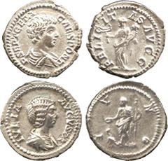 ANCIENT COINS, ROMAN , Septimius Severus (AD 193-211), Silver Denarius, Rome, AD 199-200, rev Victory (RIC 144b); Julia Domna, wife of Septimius Severus, Silver Denarius, Rome, AD 196-211, rev Juno (R