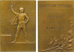 COMMEMORATIVE MEDALS, MEDALS BY SUBJECT, Sport, France, Olympic Games, Paris 1900, “Education Physique”, Bronze Winner’s Plaquette, by Frederic de Vernon (1858-1912), an ancient athlete draped with ma
