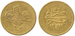 G ISLAMIC COINS, OTTOMAN, Abdul Aziz, Gold Guinea/100-Ghurush, Misr 1277h, Year 7, 8.50g. Good very fine. £150-180