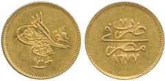 G ISLAMIC COINS, OTTOMAN, Abdul Aziz, Gold 100-Qurush, Misr 1277h, Year 7, 8.52g (KM 263). About uncirculated. £300-350