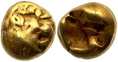 LYDIA AND THE PERSIAN ROYAL COINAGE No.: 1 Estimate: £ 120 Early electrum coinage, Sardis c.600-575 BC, -Stater 1.18g, uncertain letters above head of lion right, rev irregular incuse punch (Weidauer 