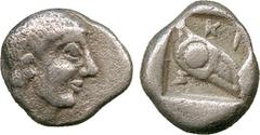 ANCIENT COINS, GREEK, Kingdom of Macedon, Skione, Silver Tetrobol, c.480-450 BC, bare male head right, rev KI , human eye within shallow incuse square, 2.30g (SNG ANS 708 (these dies)). Slightly rough