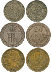 WORLD COINS, FRANCE, Protectorates Coinage (approx 130), including Cambodia, Bronze 10-Centimes (3), 1860; French Guiana, Cayenne, Billon 2-Sous (47), 1780/89, 2-Sous (7), overstruck with crowned C; F