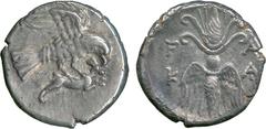 ANCIENT COINS, Greek, Peloponnese, Elis, Olympia (c.240-210 BC), Silver Drachm, eagle flying right, holding a hare in its talons which it attacks with its beak, rev F-A / K-A , winged thunderbolt, 4.8
