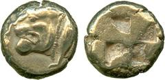 ANCIENT COINS, Greek, My sia, Kyzikos (c.550-500 BC), Electrum Hekte, head of a lion facing left, a tunny on right, rev quadriparti te incuse square, 2.65g (von Fritze I, 39; SNG France 179; Boston 14