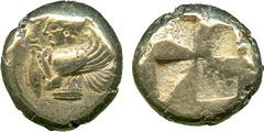 ANCIENT COINS, Greek, Mysia, Kyzikos (c.550-500 BC), Electrum Hekte, half-length figure of a winged female (Harpy?) left, a tunny on left, rev quadripartite incuse square, 2.66g (cf von Fritze I, 75; 